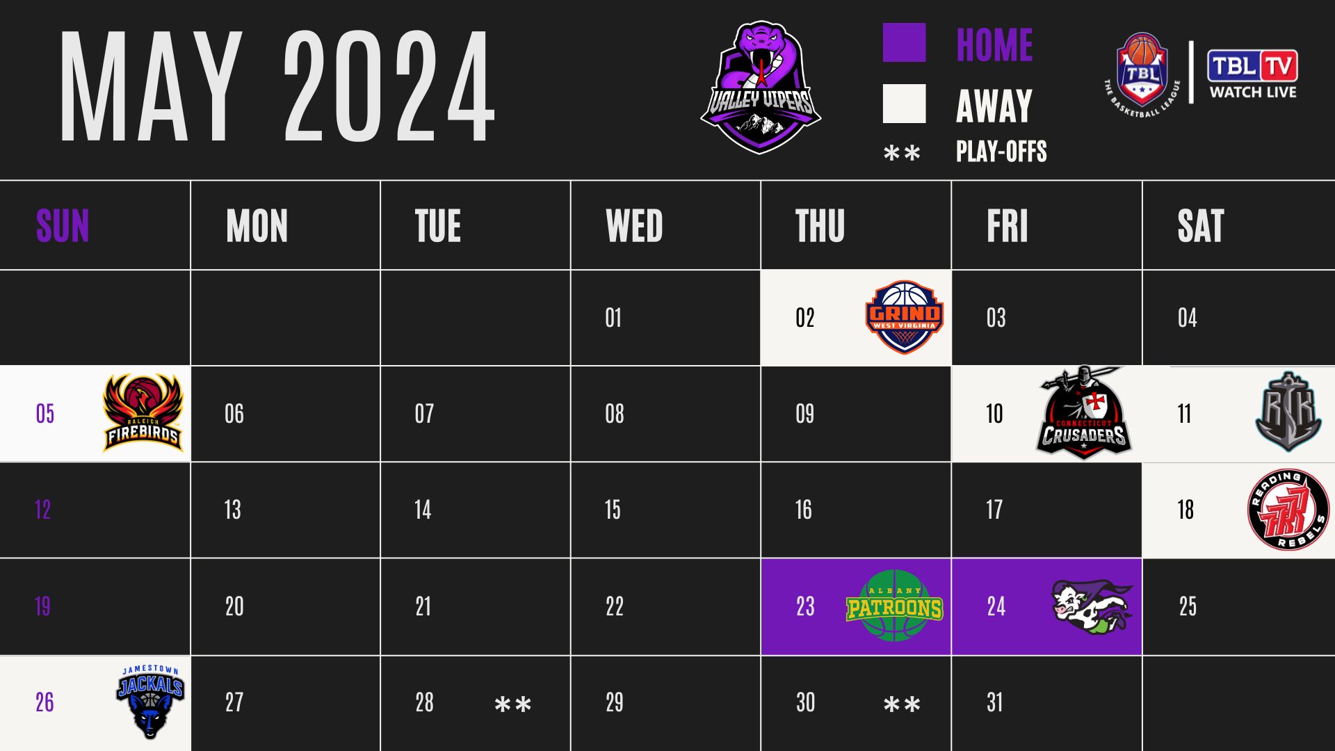 Graphic of a calendar depicting the schedule for the Vipers May 2024 games. Plain text below.
