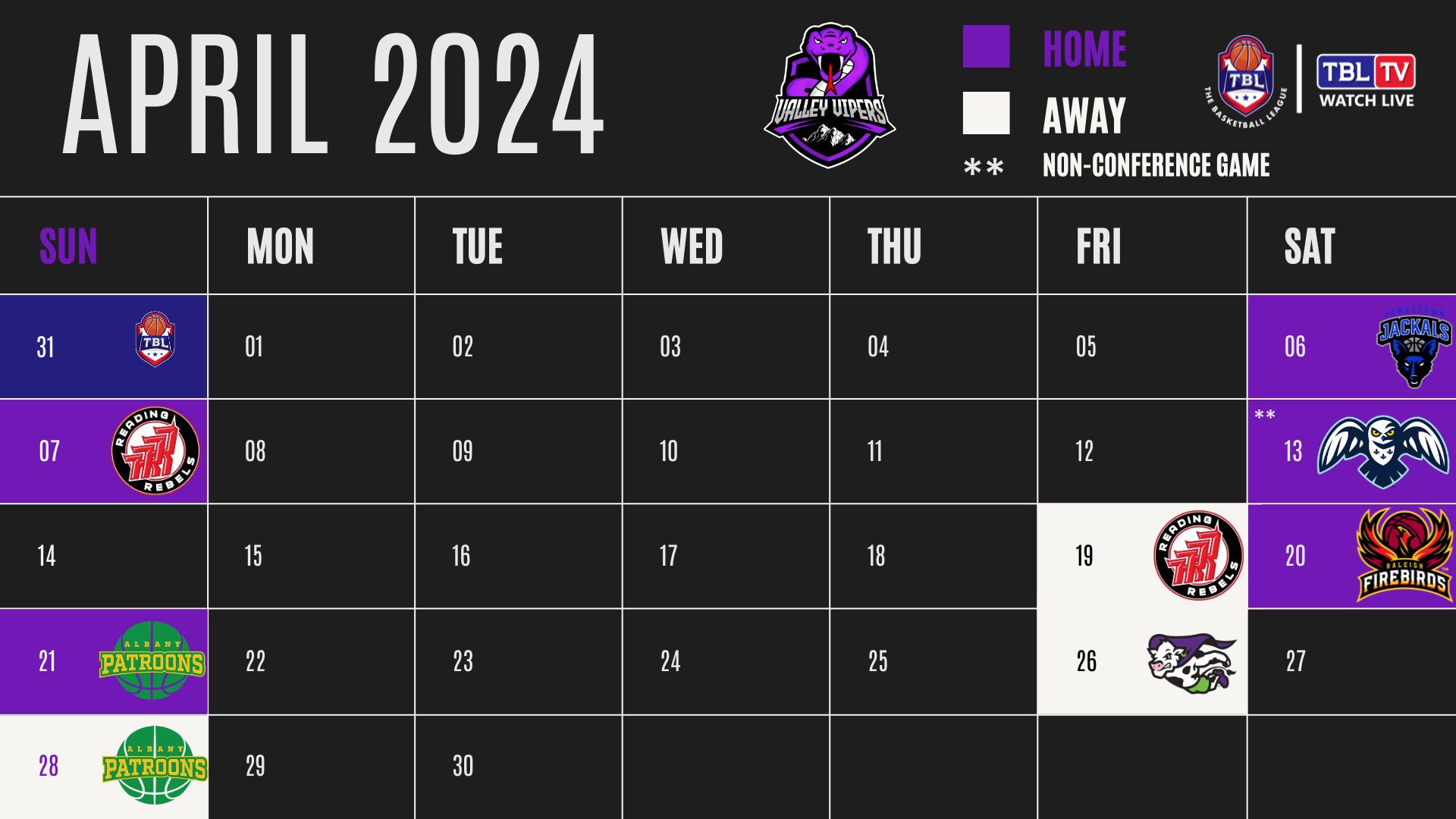 Graphic of a calendar depicting the Vipers games for April 2024. Plain text version below.