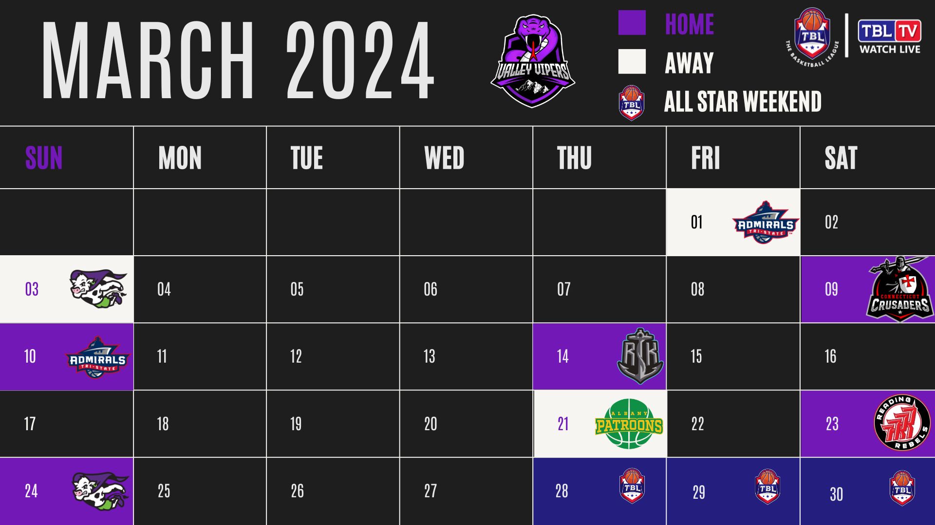 Graphic of a calendar depicting the Vipers games for March 2024. Plain text version below.