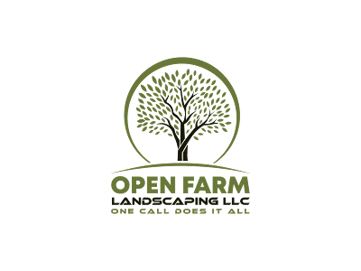 A logo for Open Farm Landscaping LLC. An illustration of a green tree is above the words "Open Farm Landscaping LLC. One call does it all."